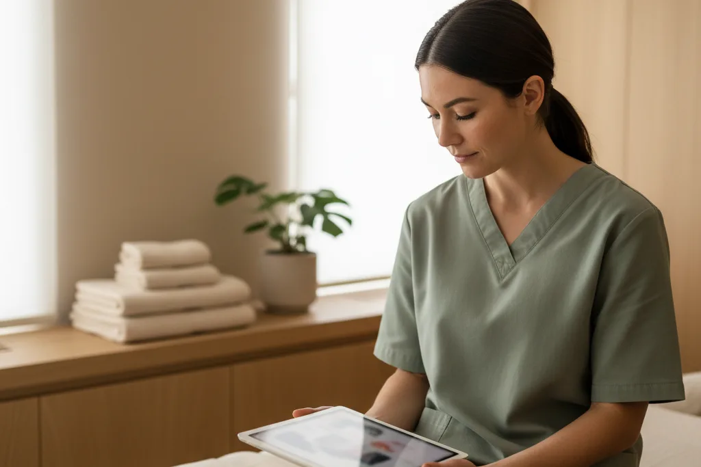 Masseurin sitzt zwischen zwei Terminen auf der Behandlungsliege und schaut eine Videolektion auf dem Tablet