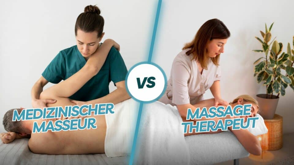 Vergleichsdarstellung zwischen medizinischem Masseur in türkiser Kleidung bei Rückenbehandlung links und Massagetherapeut in heller Kleidung bei sanfterer Massage rechts, durch "VS" getrennt