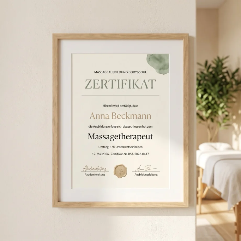 Gerahmtes Muster-Zertifikat der Massageausbildung Body&Soul